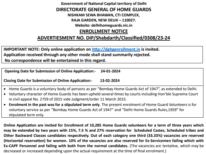 Delhi Home Guard Recruitment 2024