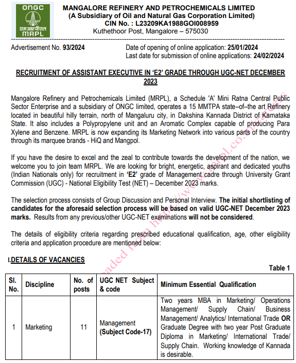 MRPL Marketing Recruitment 2024