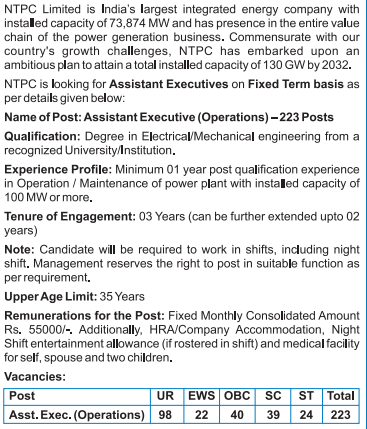 NTPC Assistant Executive Recruitment 2024