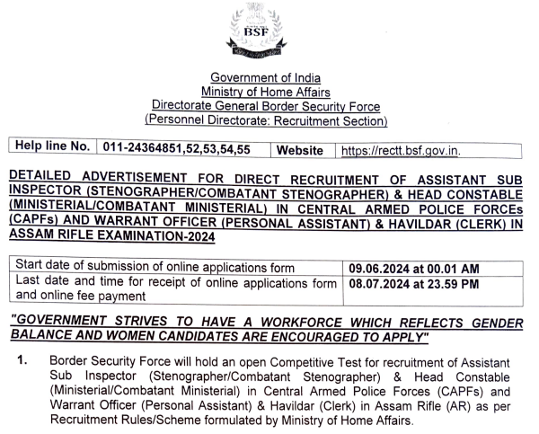 BSF ASI Constable 1526 Post Recruitments 2024