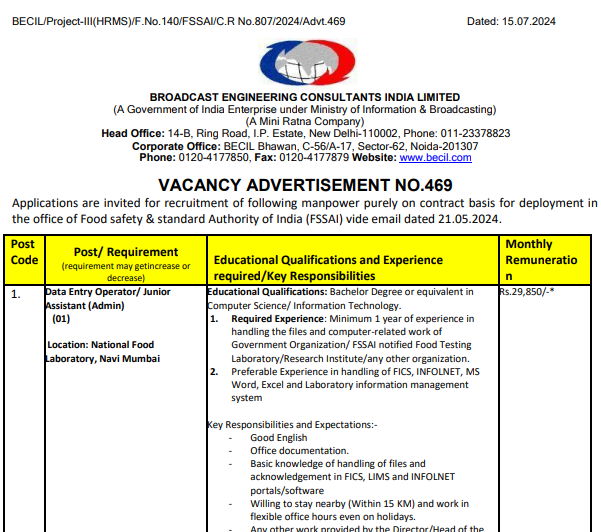 Food Department Data Entry 3 Recruitment