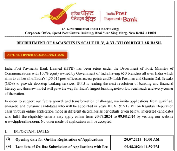 India Post Payment Bank Recruitment 2024, Apply Online