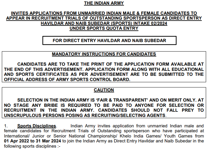 Indian Army Recruitment 2024, Havildar and Naib Subedar Direct Selection 2024