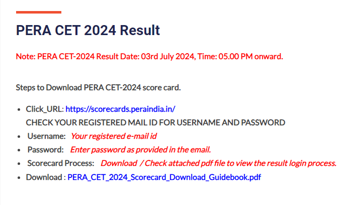 PERA CET Result 2024 Official website