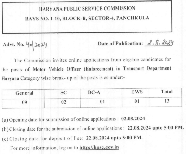 Transport Department Officer 36 Recruitment, 36 Vacancies, Apply Online, Eligibility Criteria