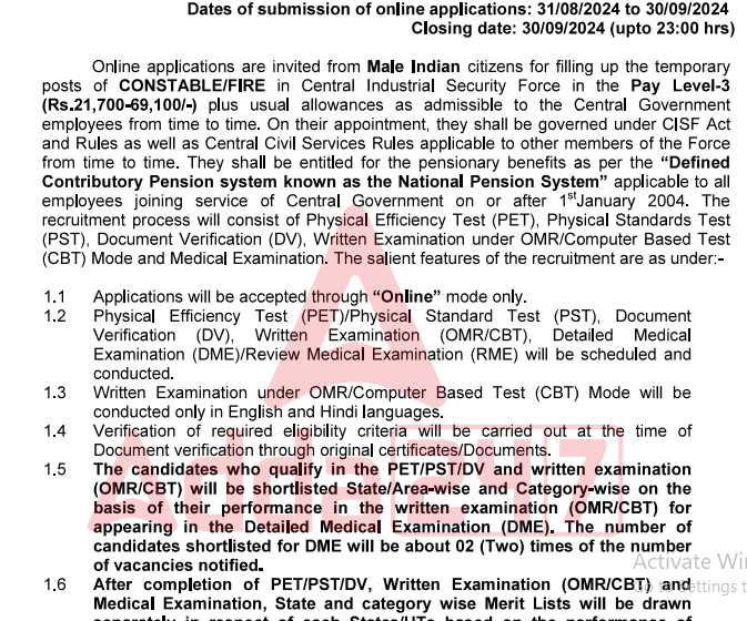 CISF Constable Fireman Recruitment 2024, For 1130 Vacancies, Apply Online Link Active