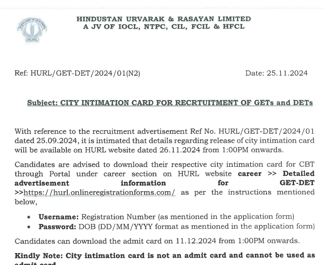 HURL Admit Card 2024 Download Link, Full Details Here